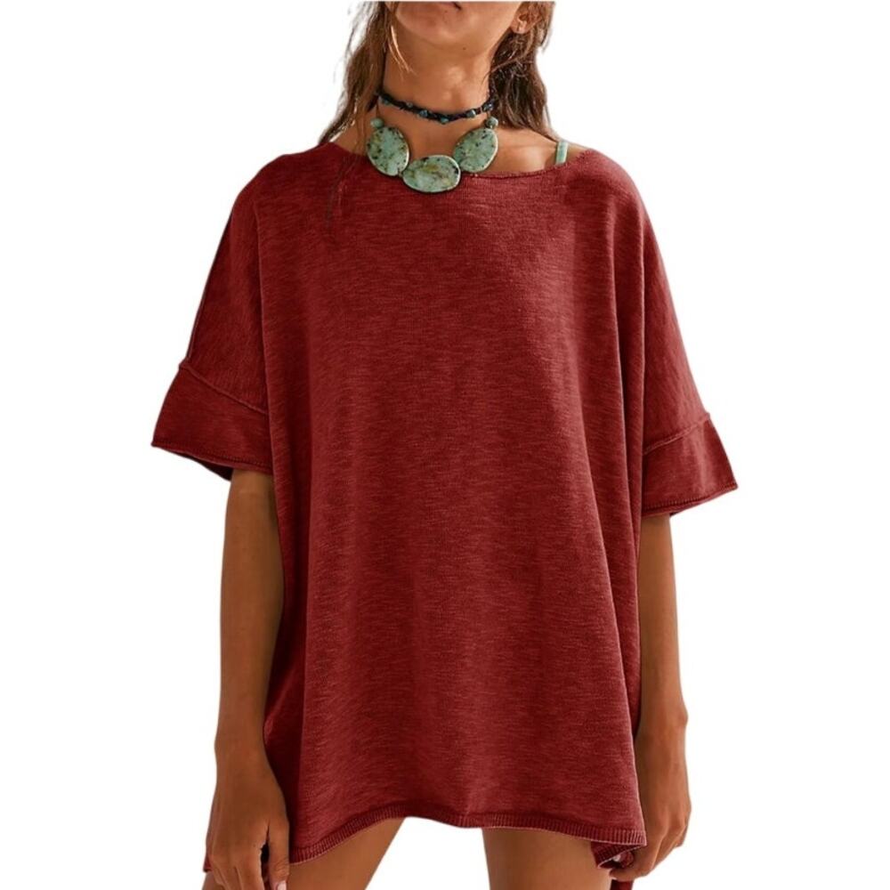 Free People Boxy Beach Cotton Roll Neck Sweater Short Sleeve, Burgundy, Small